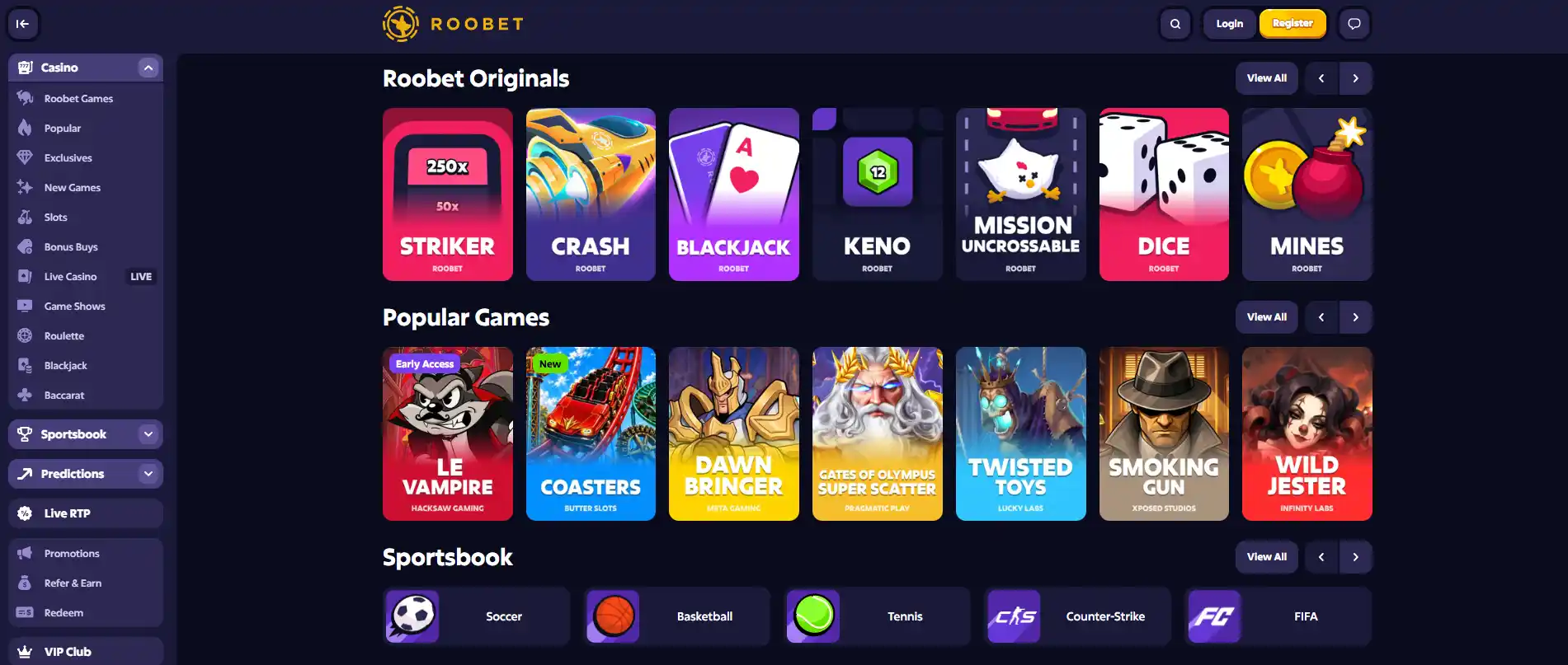 Roobet homepage with the main casino navigation and a portion of the public game lobby