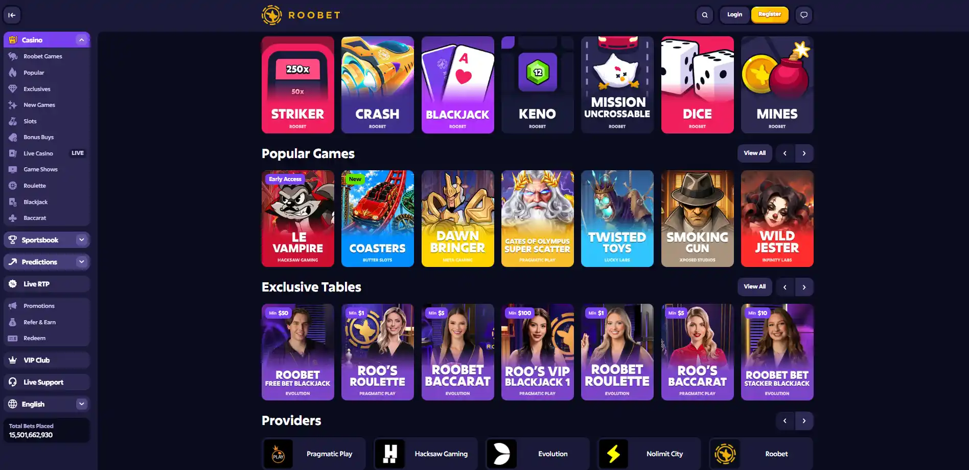 Roobet public casino lobby with multiple game categories and provider tiles
