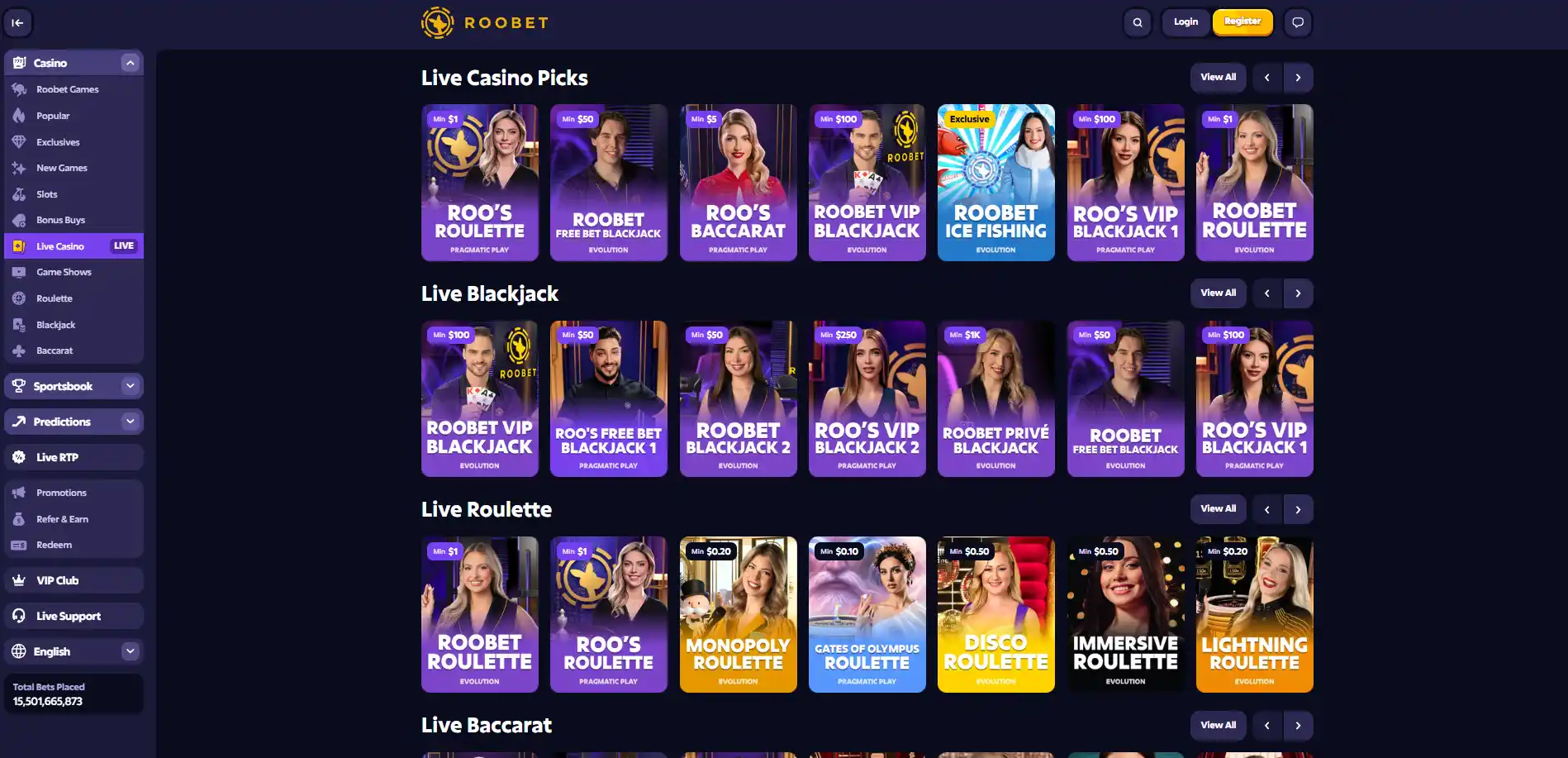 Roobet live-casino lobby with live game tiles and provider categories