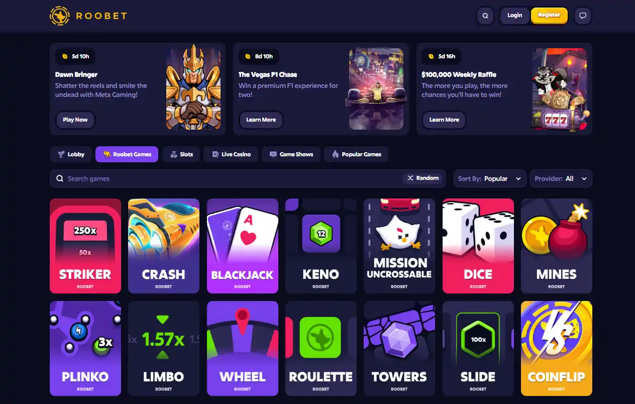 Roobet Originals section with proprietary game tiles in the public casino lobby